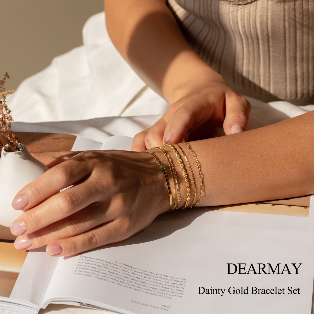 DEARMAY Gold Bracelets for Women Non Tarnish 14K Gold Plated Minimalist Bracelets Stack for Women Trendy Dainty Stackable Paperclip Rope Snake Box Figaro Chain Bracelets Set Pack Jewelry Sets Costume Fashion Gifts