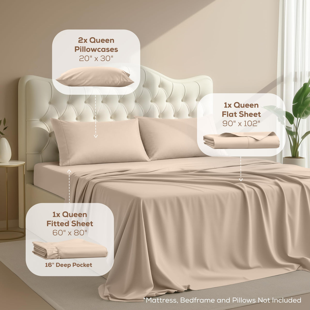 Queen Sheets Set, 4 Pieces 16" Deep Pocket Hotel Luxury Bed Sheets, Beige