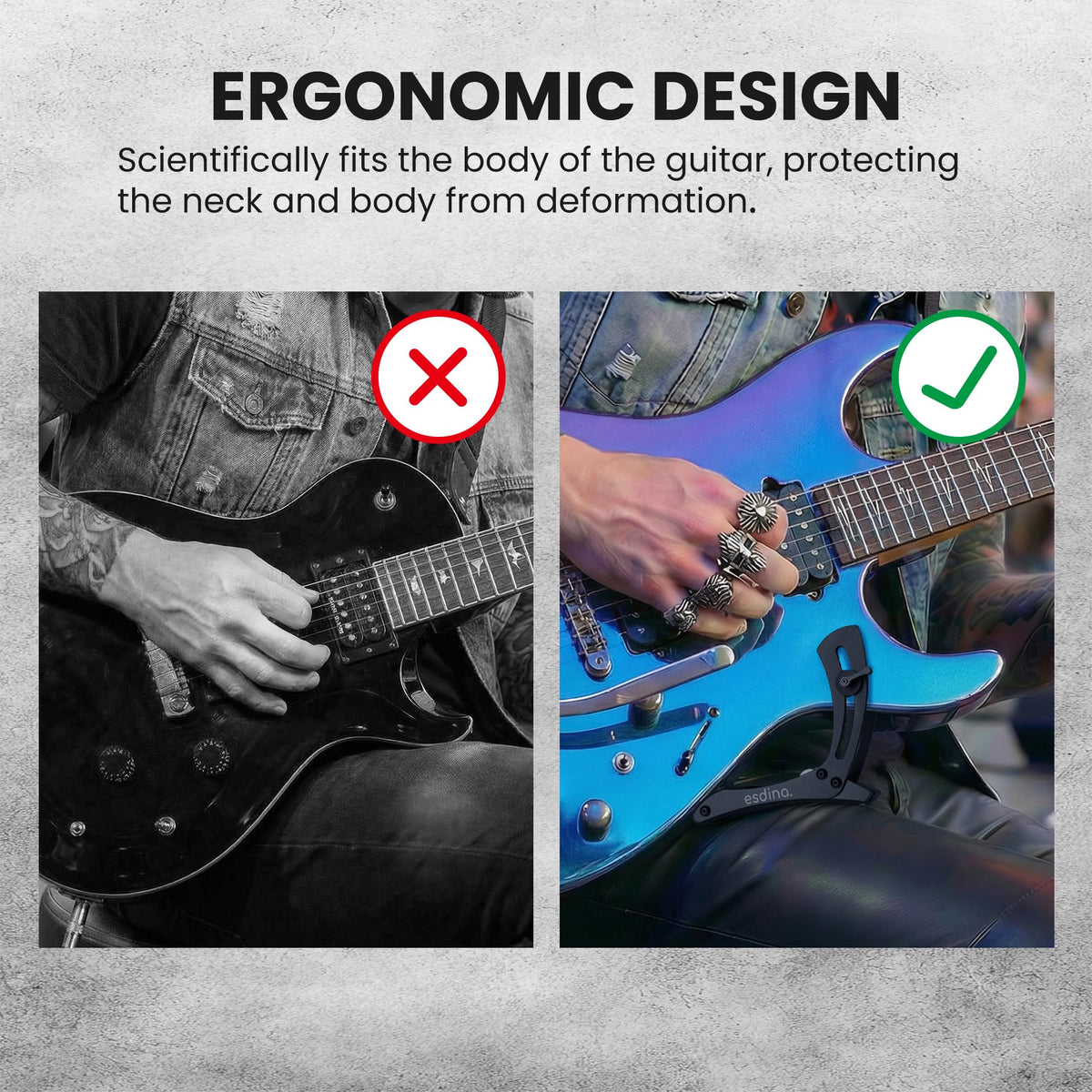 Esdina Electric Guitar Leg Rest, Ergonomic Thigh Support, Adjustable Foot Rest Stand, Soft Silicone Protection, Aluminum Alloy, Fits 1.46“ - 2.17“ in Guitar Body Thickness