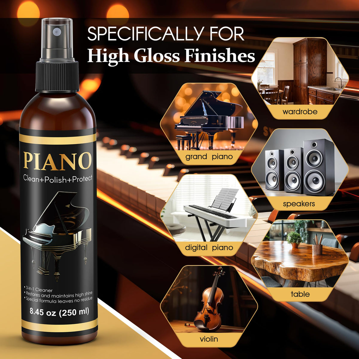 HappyAlley 8.45 oz Piano Cleaner Polish Kit for High Gloss Finishes