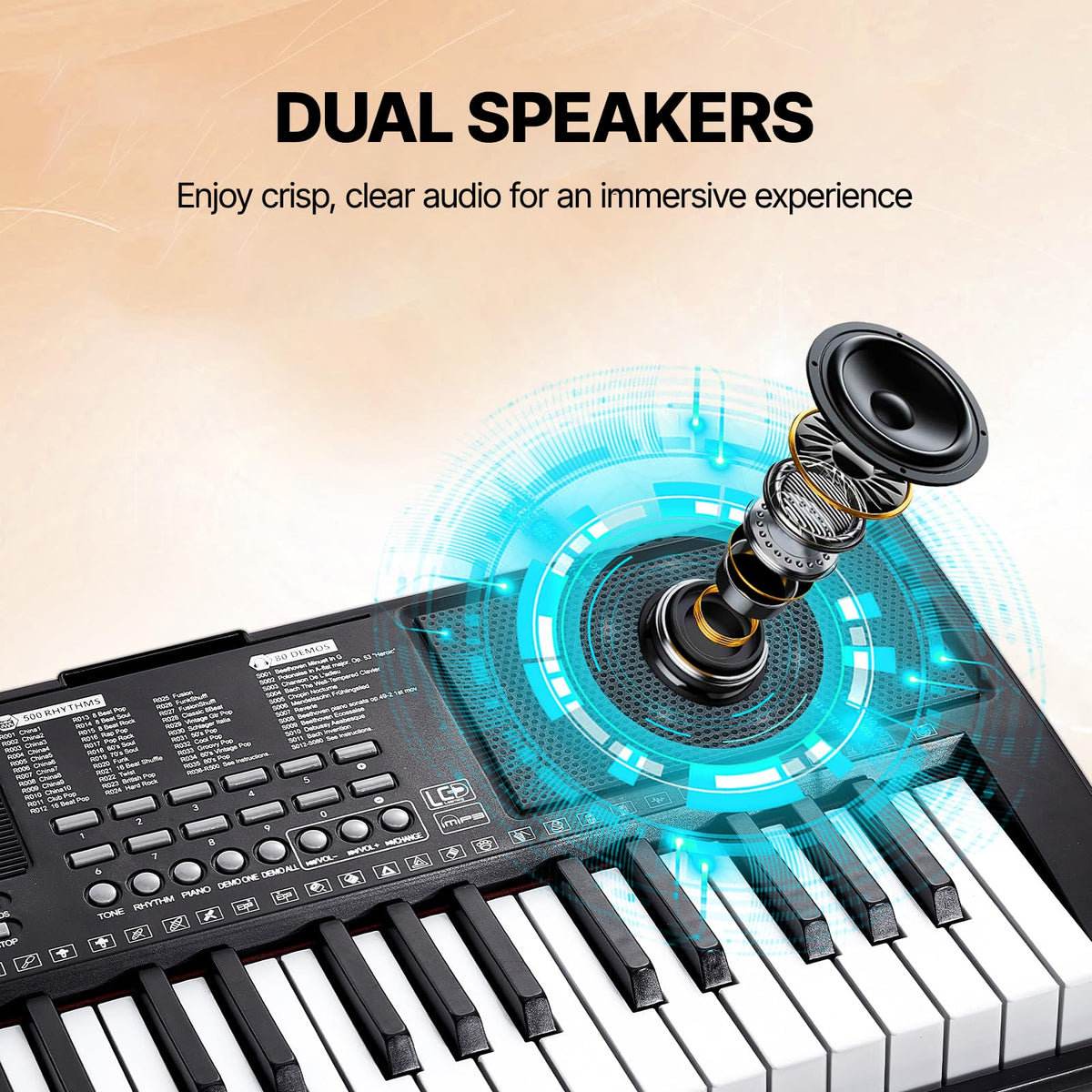 VEVOR 61 Key Digital Keyboard Piano, 200 Tones 200 Rhythms, Electric Portable Piano Keyboard Kit with 60 Demo Songs Built-In Dual Speakers Headphones, Piano Stickers for Beginners Learning