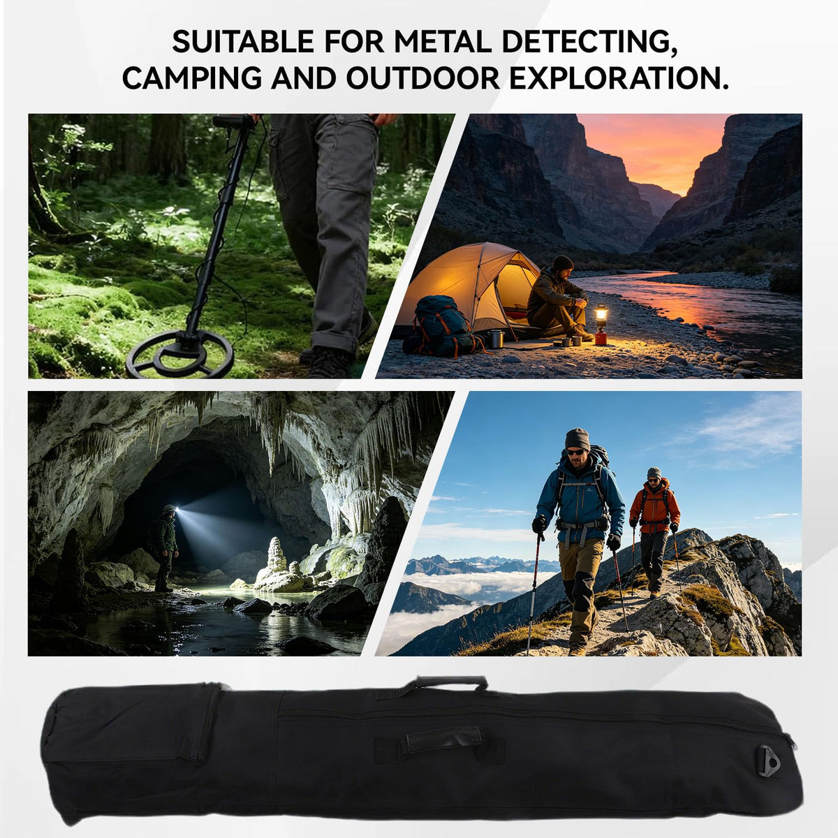 41.3in Universal Metal Detector Carry Bag, Water Proof Outdoor Detecting All Purpose Padded Carry Bag Metal Detector Travel Bag with Pocket for All Metal Detectors, Black