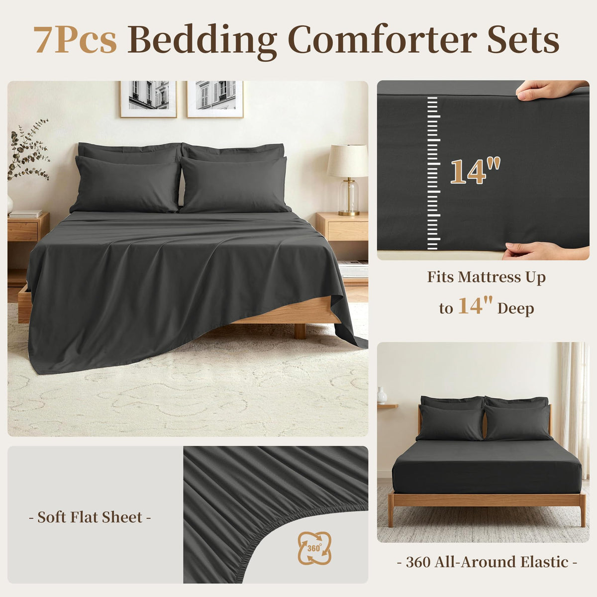 Easthome California King Comforter Set 7 Pieces, Dark Gray