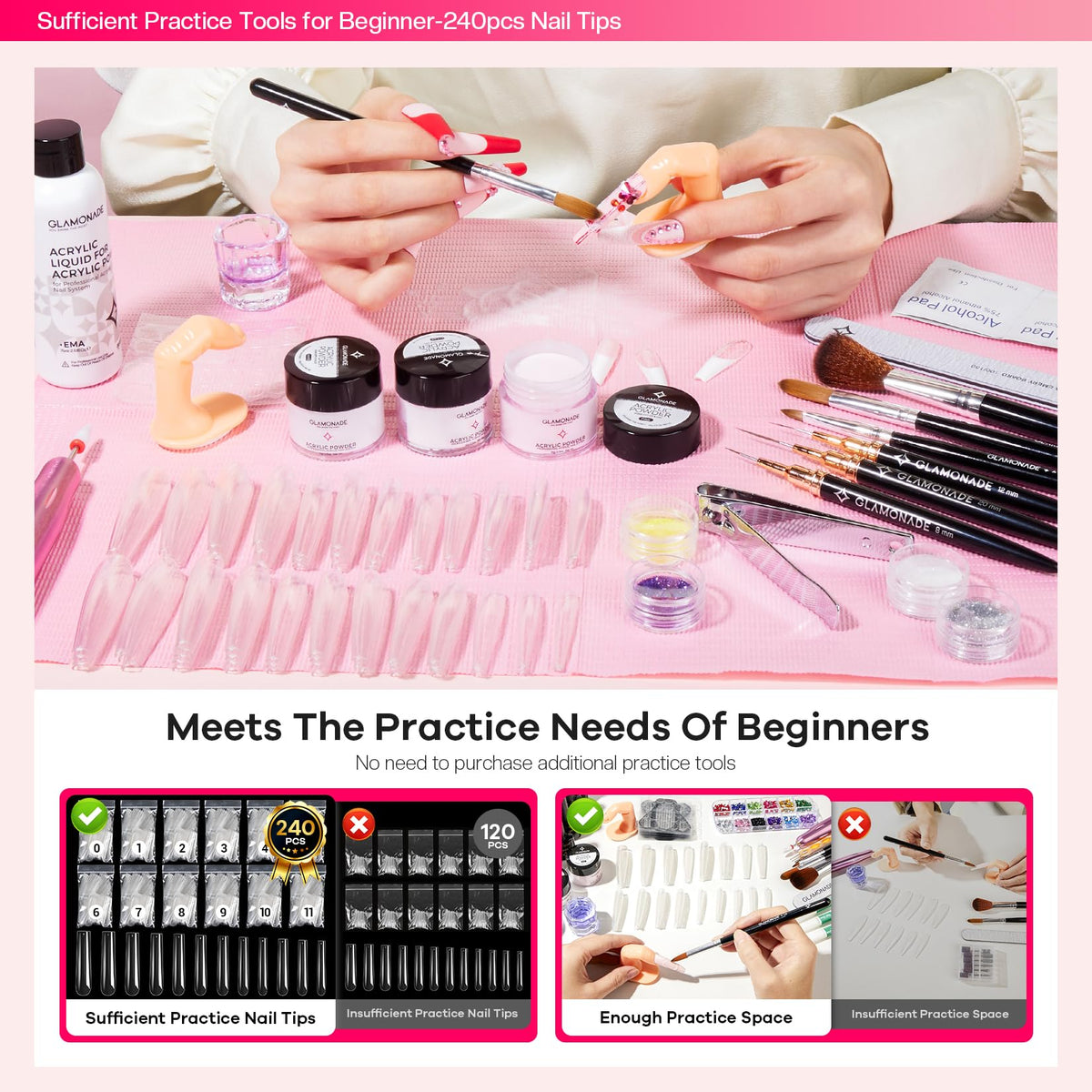 Glamonade Acrylic Nail Kit for Beginners: Prep to Finish Home Practice DIY