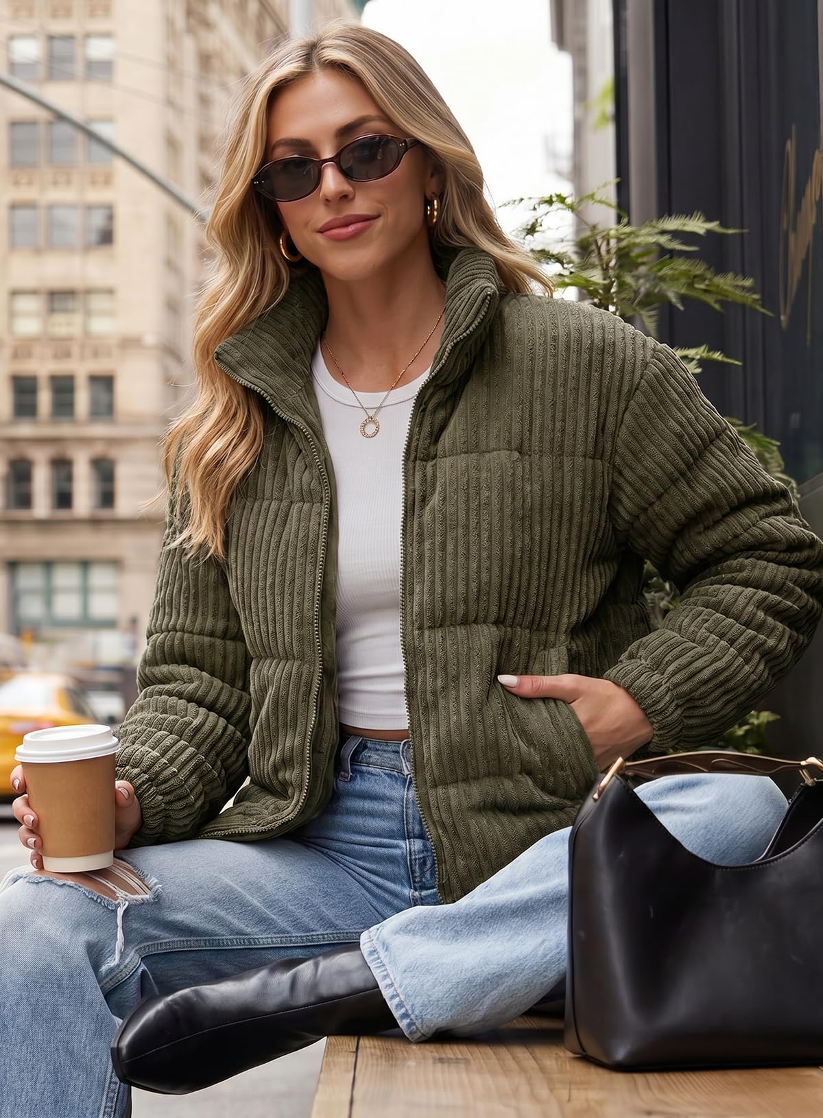 Dokotoo Womens Winter Cropped Jacket Coat Zip up Corduroy Ladies Tops Green