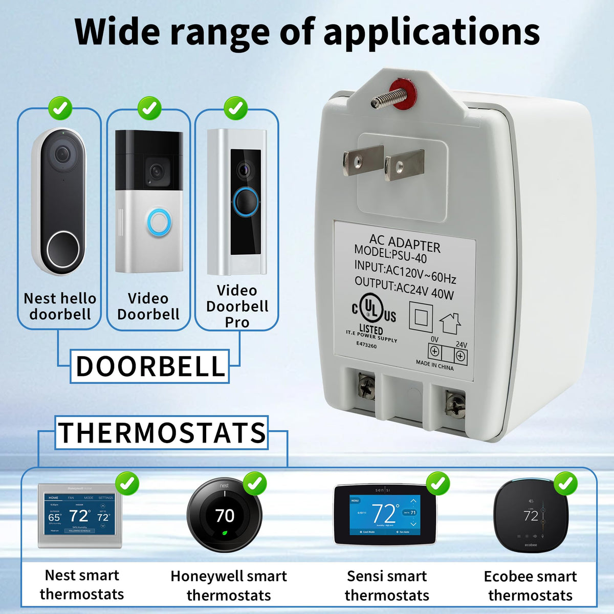Plug-in Doorbell Power Supply, 24V 40VA Auto-Resetting AC Transformer