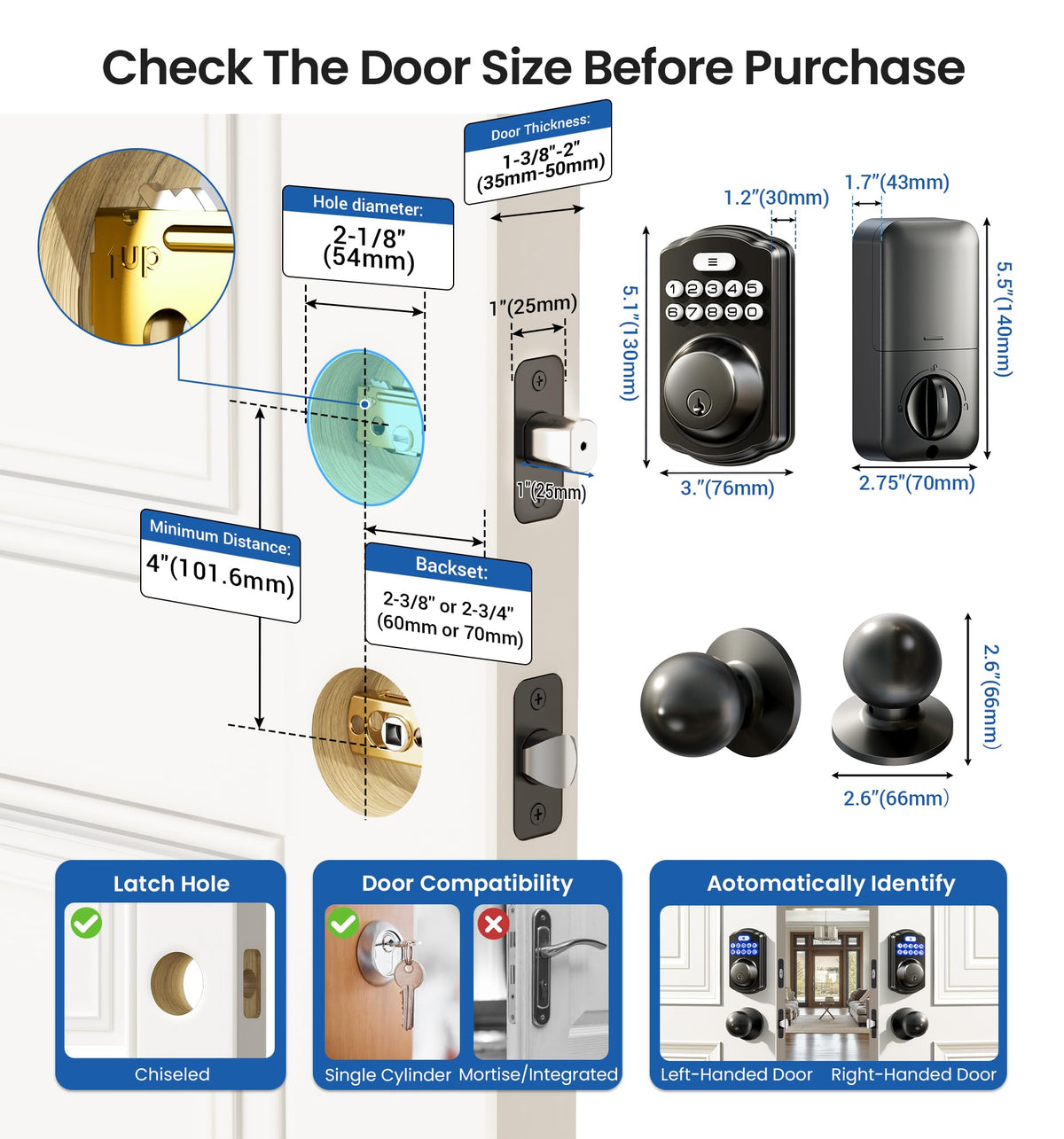 Veise KS01C Keyless Entry Deadbolt Door Lock with Knobs, Matte Black