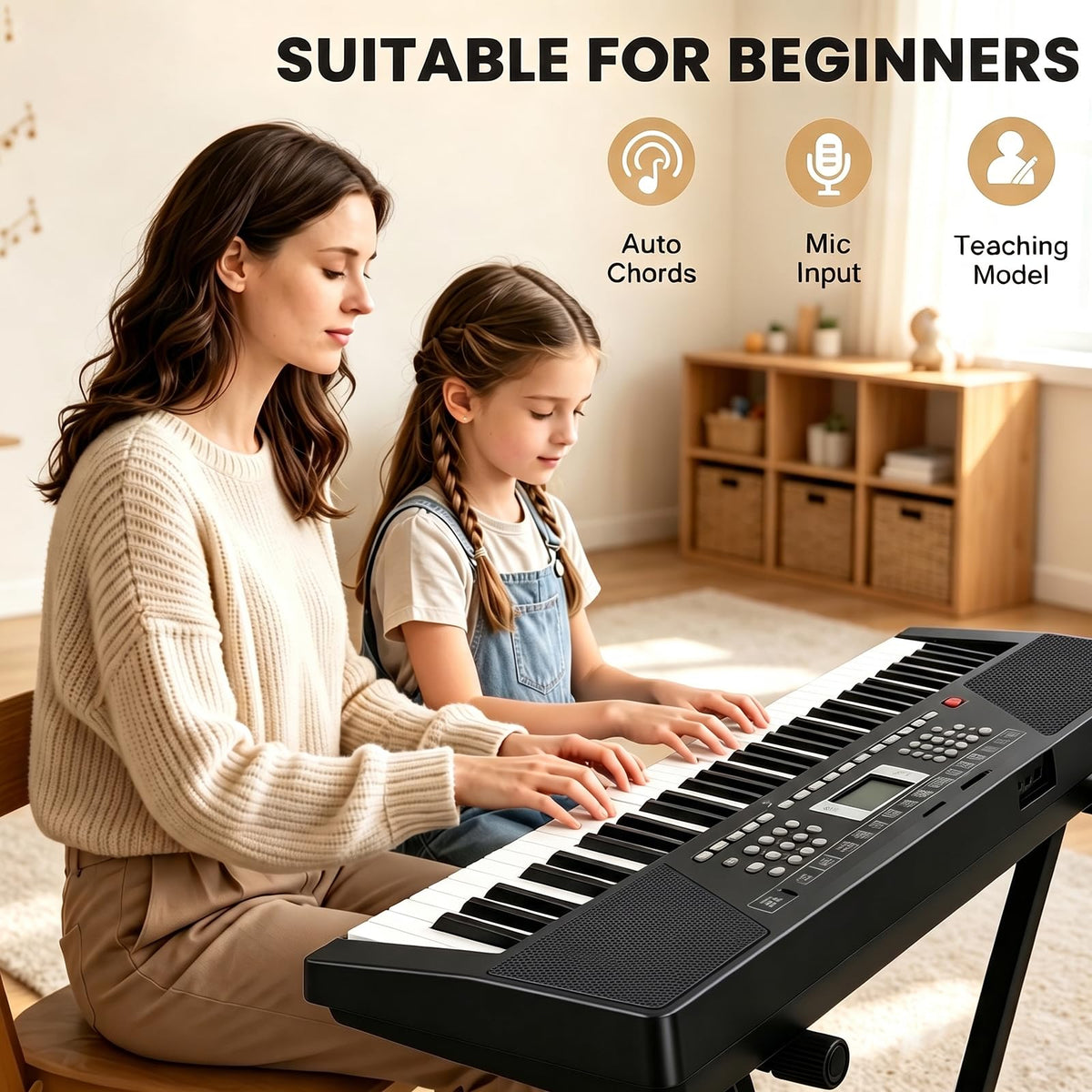 61 Key Keyboard Piano,Portable Electronic Digital Piano for Beginners with Built-In Speaker Microphone,Piano Note Stickers,Sheet Music Stand and Power Supply