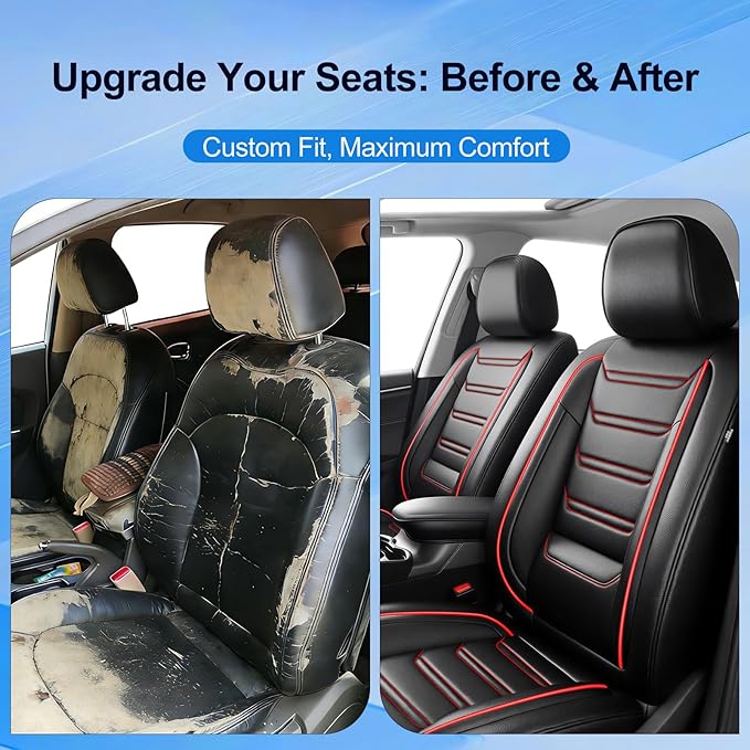 Fit Accord Car Seat Covers (Front Pair) for Select Honda Accord 2012-2026, Luxury Full Coverage Leather, Airbag Compatible, Waterproof & All Weather Seat Cushion Protector, Black with Red Trim