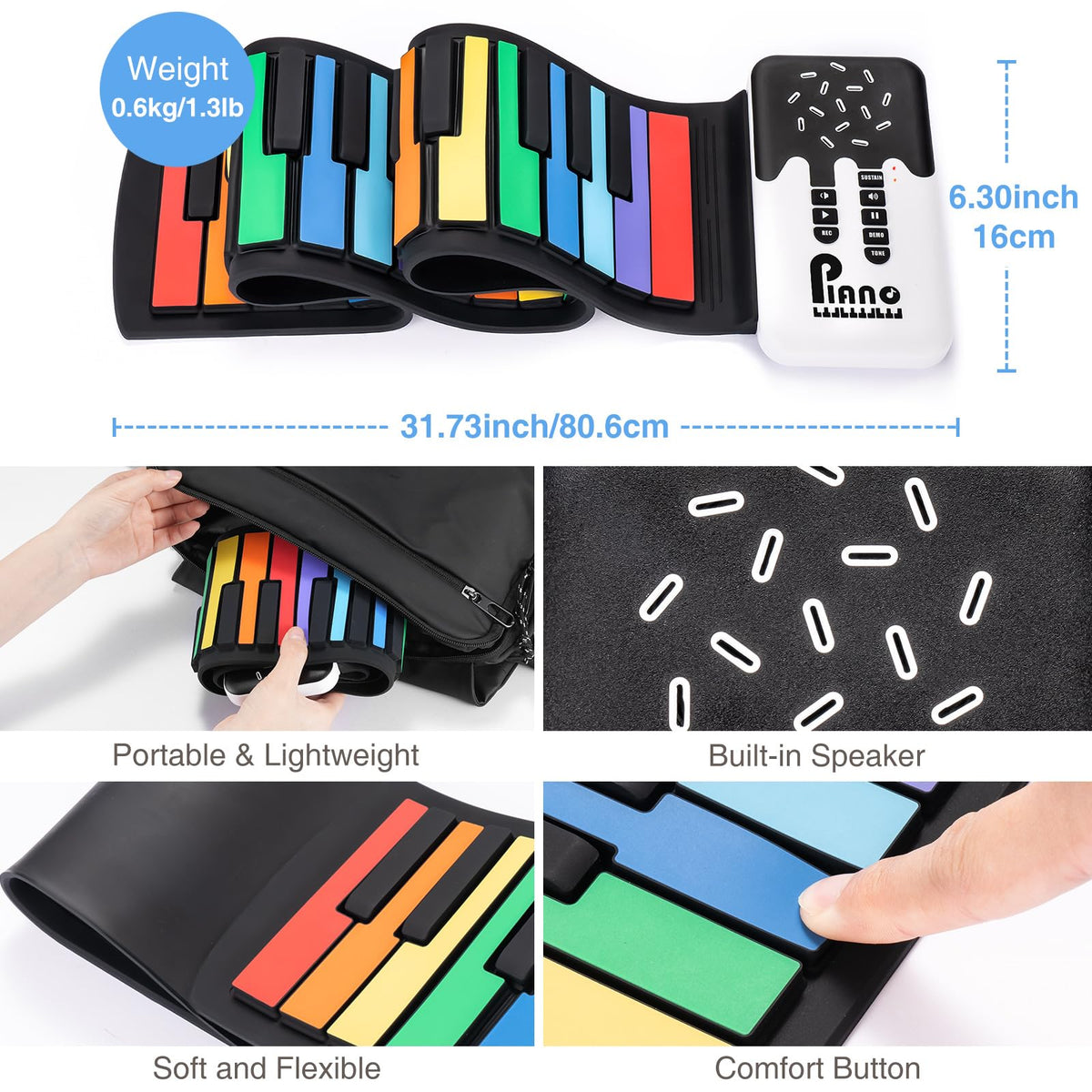 POGOLAB 49 Key Roll Up Keyboard Piano, Portable Digital Electric Foldable Piano Keyboard, Rechargeable, 8 Tones, 6 Educational Demo Songs, for Beginners Gift (Rainbow)