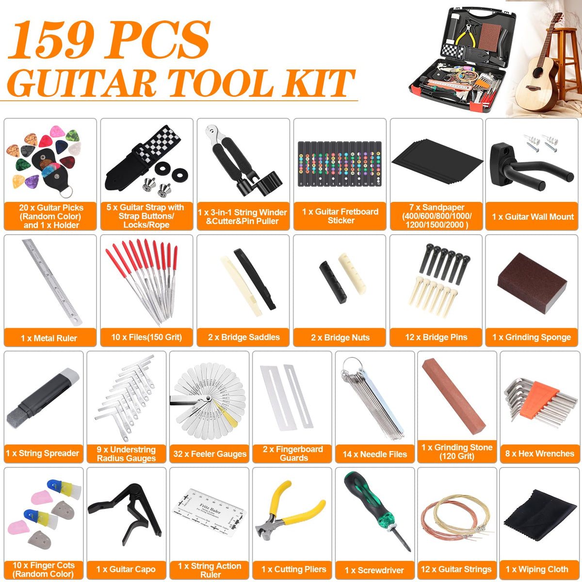 159 Pcs Guitar Tool Kit, Professional Guitar Repair Kit, Guitar Maintenance Kit with Guitar Tools Accessories and Carry Bag, Guitar Setup Kit for Electric Guitar Acoustic Guitar Ukulele Banjo Bass