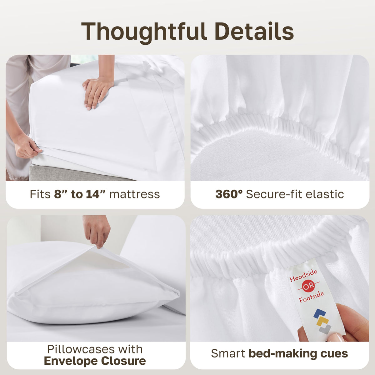 Soft Natural 100% Cotton Sateen Queen Sheets, 4 Pc Set, Bright White