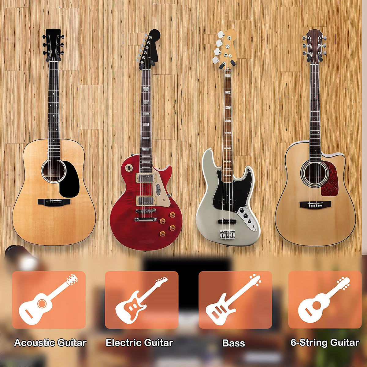 DOMMI Guitar Wall Mount 4 Pack, Guitar Hanger with Rotatable Soft Hook for All Size Guitars, Hardwood U-Shaped Guitar Holder Wall Mount for Acoustic, Electric Guitar, Bass (Mahogany)