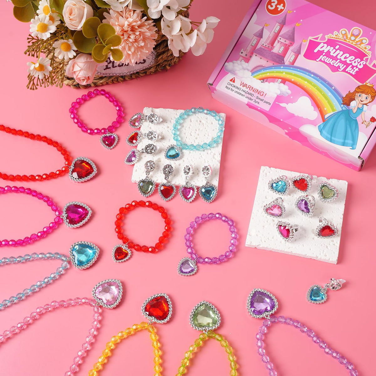 DIZRNOI Princess Jewelry Set for Girls with Colorful Necklace Bracelets Rings Earrings Birthday Gifts Party Favors Pretend Play Dress up Costume Friendship Jewelry for Toddler Girls (Heart)