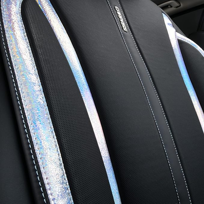 CAR PASS Nappa Leather Seat Covers, Waterproof Durable Universal fit for Women Girly SUV Truck,Anti-Slip Driver Seat Cover with Backrest, full set 5 Holographic Black Silver strips Iridescent colorful