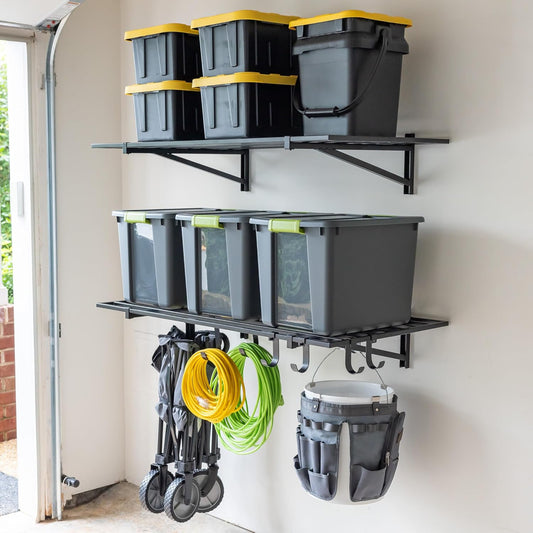 StoreYourBoard 2-Pack Heavy Duty Wall Shelves – Wall-Mounted Garage Storage Shelving and Organization for Sheds, Closets, or Utility Rooms – Holds 200 lbs, 2ft x 4ft, Black