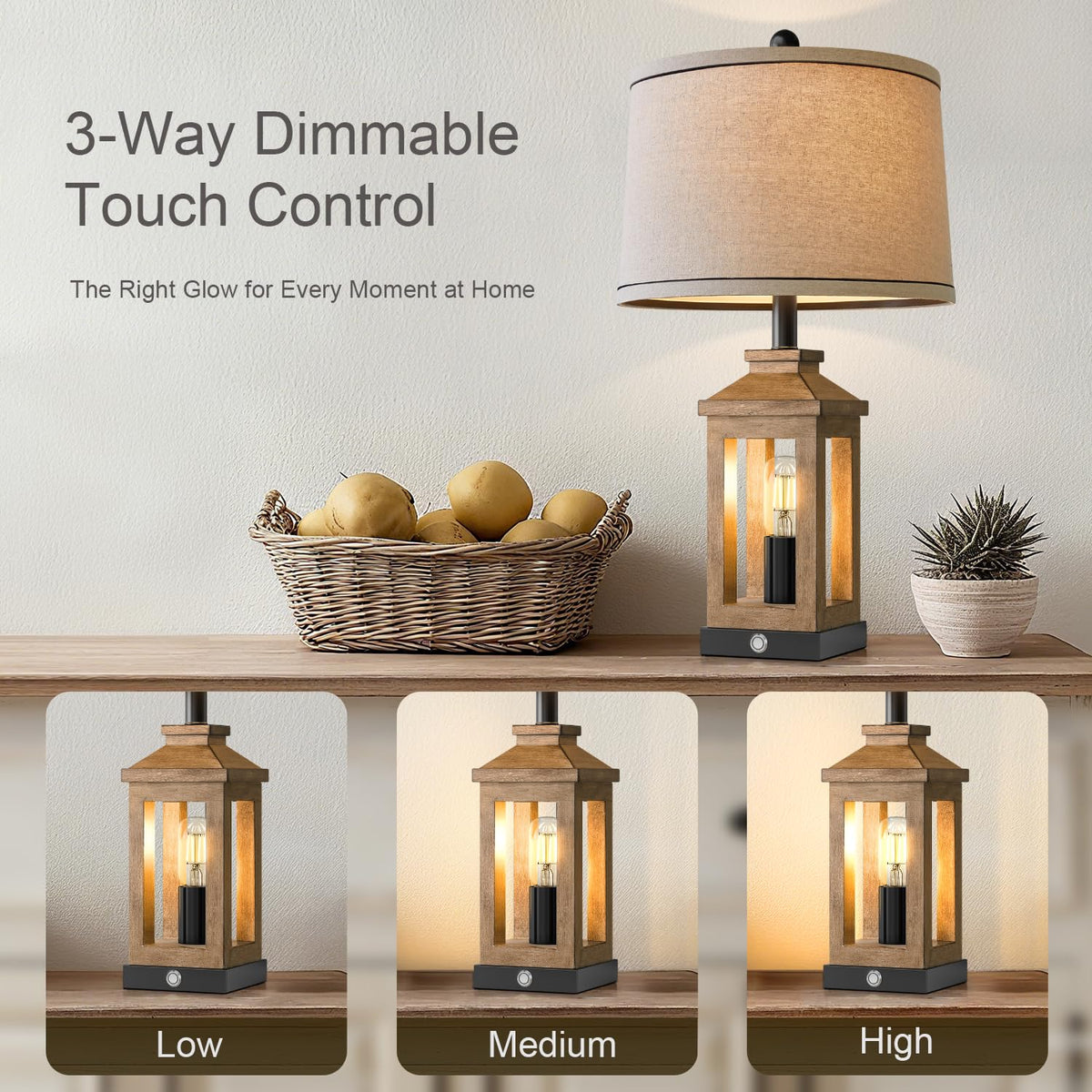 BOBOMOMO 23.75" Natural Wood Farmhouse Table Lamps Set of 2 – Retro Nightstand Lamps with 3 Way Dimmable Touch Control Night Light & USB A+C Ports, Rustic Lamps for Living Room, Bedroom, Entryway