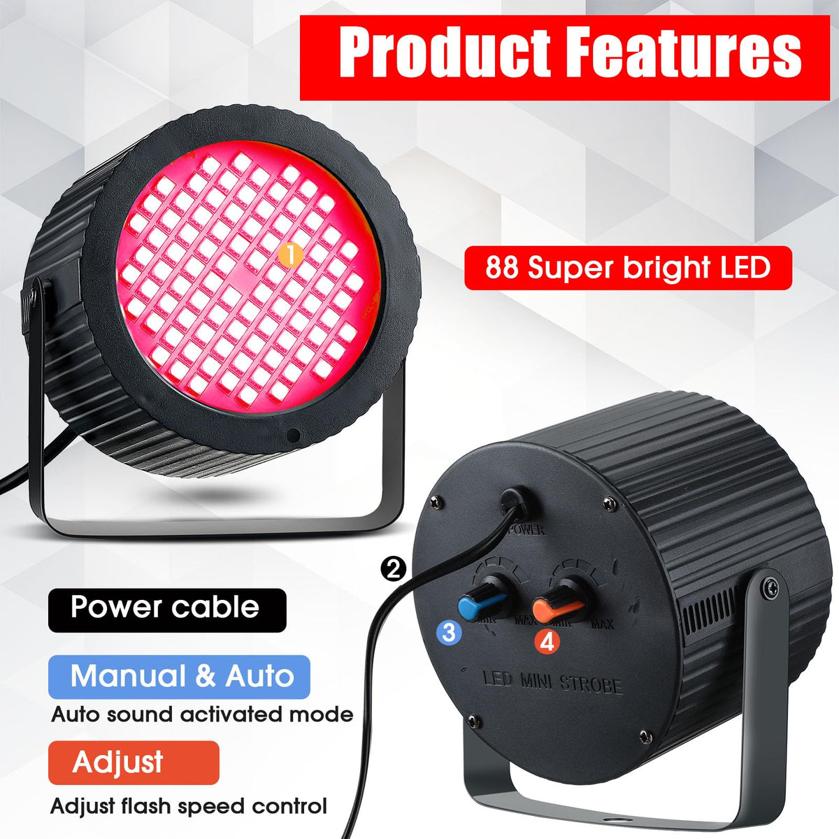 Funtery 4 Pcs Strobe Lights 88 LEDs Sound Activated Stage DJ,Red