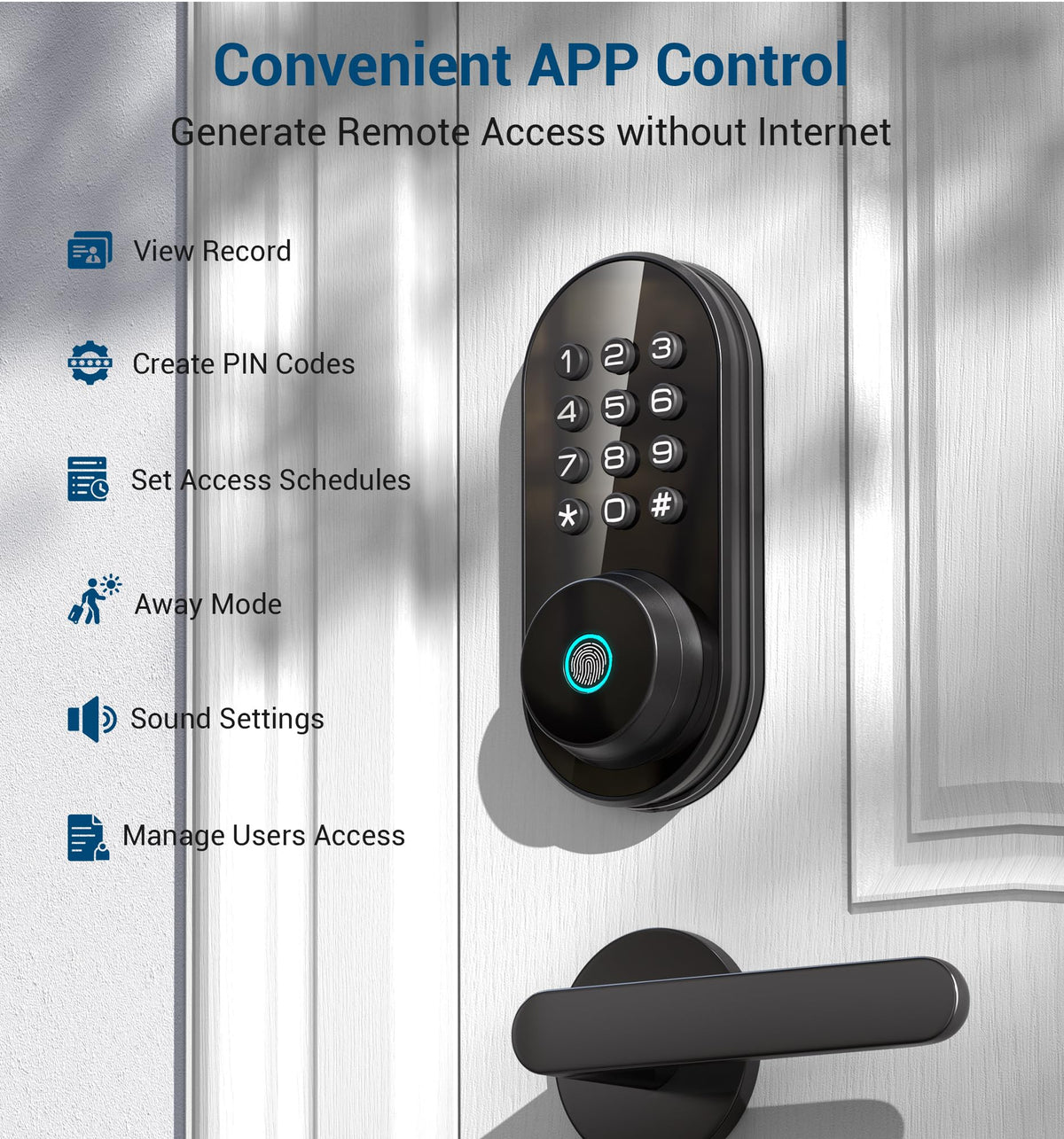 TEEHO TE342 Fingerprint Smart Keyless Entry Door Lock with Keypad, Bluetooth App Remote Control - Electronic Deadbolt for Front Door - Auto Lock - Matte Black