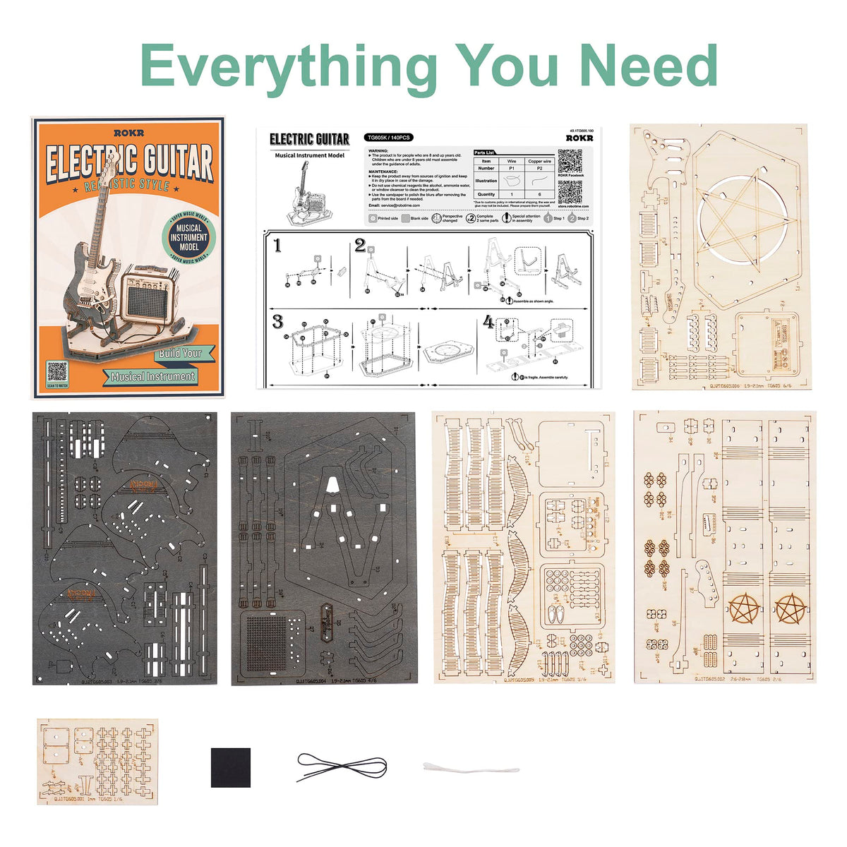 ROKR Toy Guitar DIY Kit,STEM Projects for Kids 8-12,Model Kits for Adults,3D Wooden Puzzles for Adults and Kids