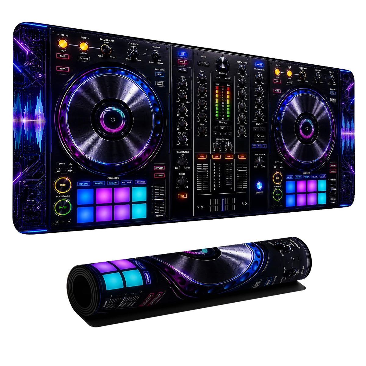 DJ Controller Gaming Mouse Pad 35.4 x 15.7 inch, Neon Music Mixer Desk Mat