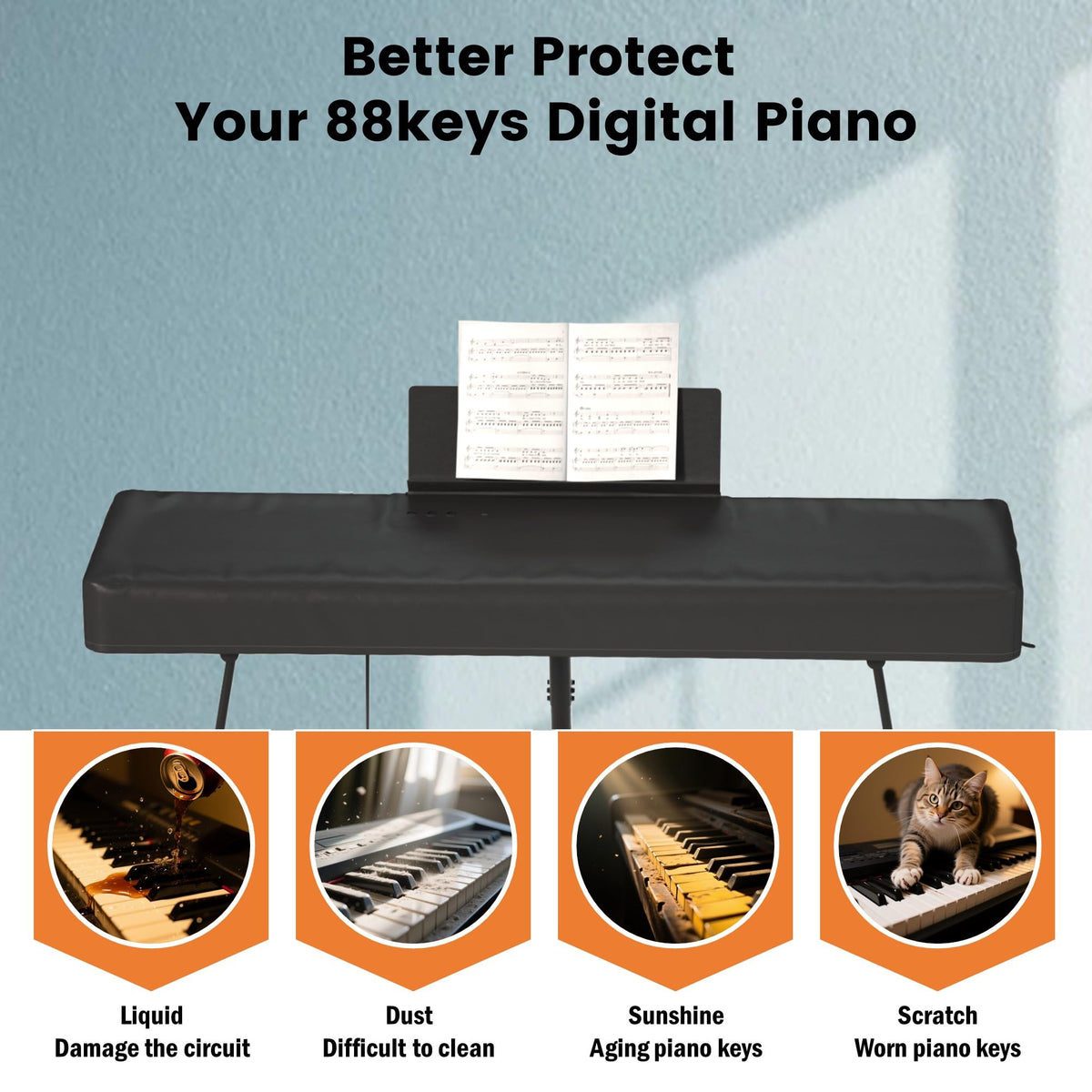 61/88 Keys Piano Cover,Waterproof,Dustproof,UV-proof Digital Piano Cover for 61/88Keys , 420D silver coated Oxford cloth, with Music Stand Zipper, Adjustable Drawstring (BLACK-88KEYS)