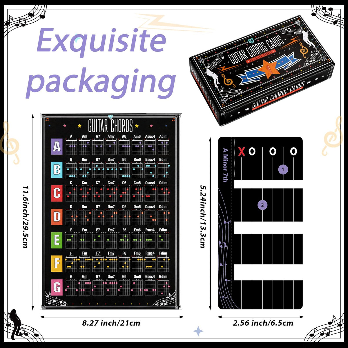 56Pcs Guitar Chord Charts Guitar Training Cards for Beginner Fretboard Learning Aid Guitars Practice Flashcard Chord Diagram Music Teaching Tool for Acoustic Electric Learner Music Lover Gift (Black)