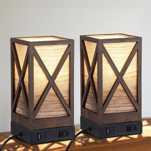 YJSQOEOE Table Lamp, Set of 2 Rustic Farmhouse Nightstand Lamps, 3 Color Temperatures Desk Lamp with USB Charging Ports AC Outlet Vintage Lamp for Living Room Bed Room, Brown Tiger Pattern