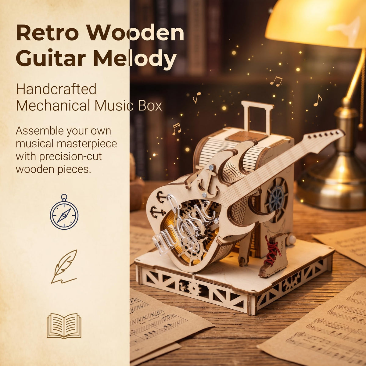 3D Wooden Puzzle Music Box, Guitar DIY Model Kit, Electric Guitar Model 3D Wooden Puzzle, Gears and Strings Jigsaw Puzzle, DIY Presents for Kids & Toddlers