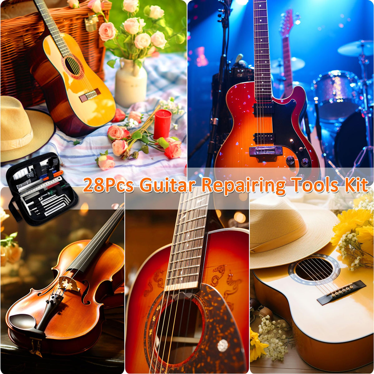 28Pcs Guitar Tool Kit, Guitar Accessories Gifts for Men, Guitar Maintenance Kit with Carry Bag, Guitar Repair Kit for Acoustic Electric Guitar Ukulele Bass Banjo, TIMDAM Guitar Setup Kit Guitar Gifts