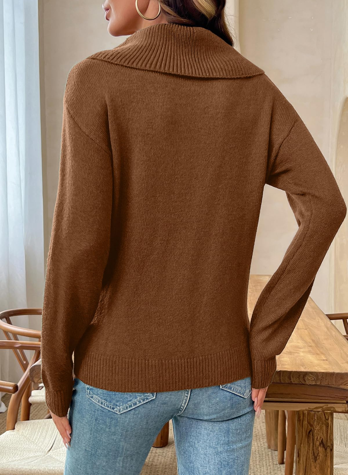 Dokotoo Women's Sweaters Early Fall Fashion Long Sleeve Asymmetrical Lapel Collar Solid Color Ribbed Knitted Ladies Elegant Casual Loose Cozy Warm Pullover Sweater Tops Winter Clothes Brown Medium