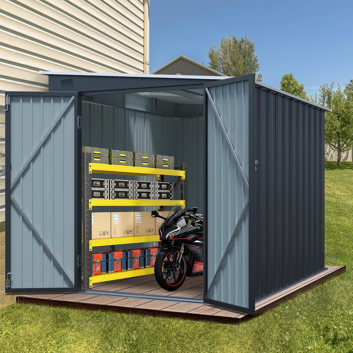 6x8 FT Lean to Shed with Lockable Double Doors, Metal Outdoor Storage Shed with Free PC Light Board for Tools, Outside Storage Shed Waterproof for Backyard, Garden, Patio