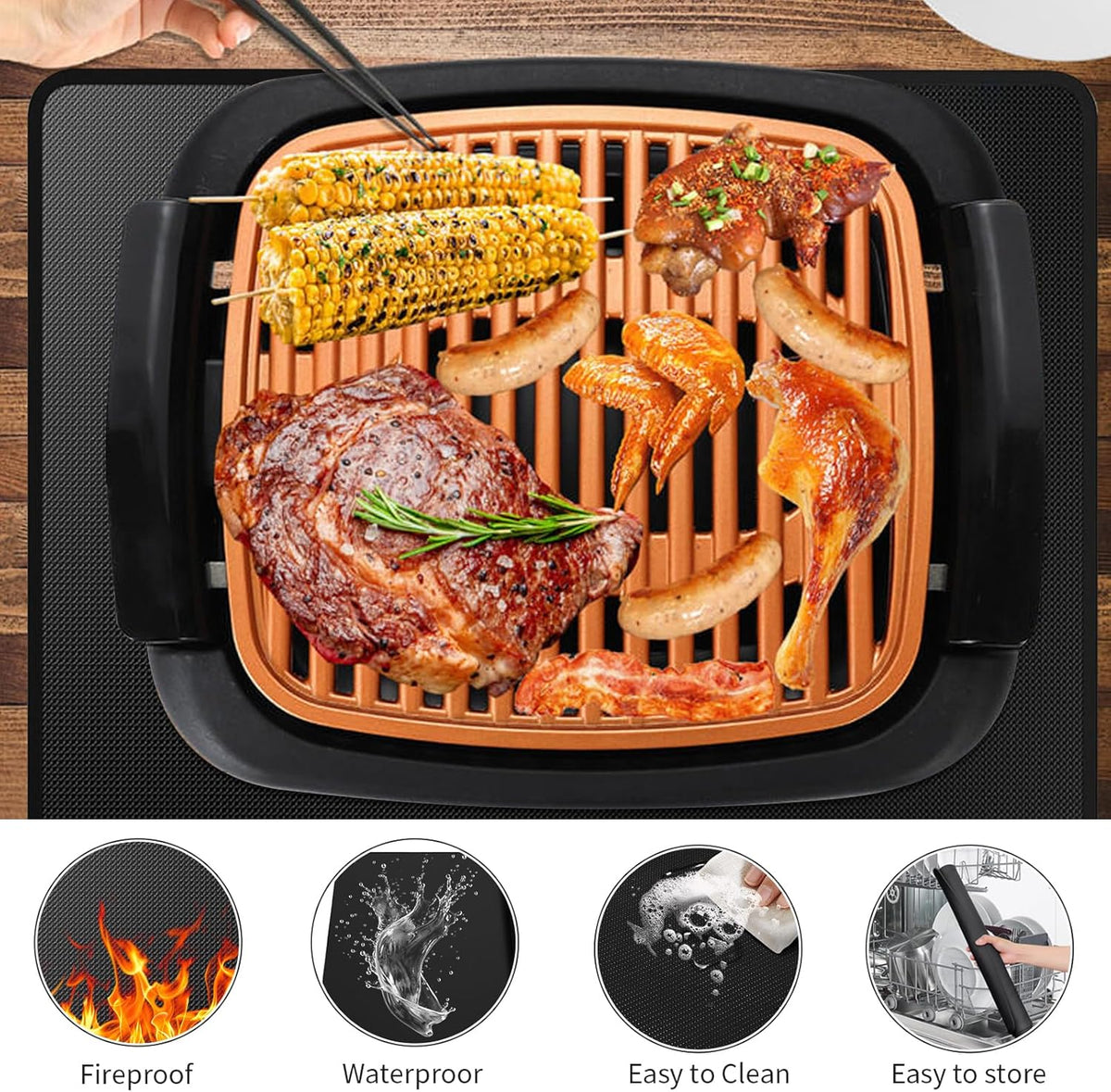 Heat Resistant Grill Mat, 24 x 31 inches Double-sided fireproof and waterproof BBQ protection mat Multi-Purpose for Grills Pizza Ovens Smokers Black