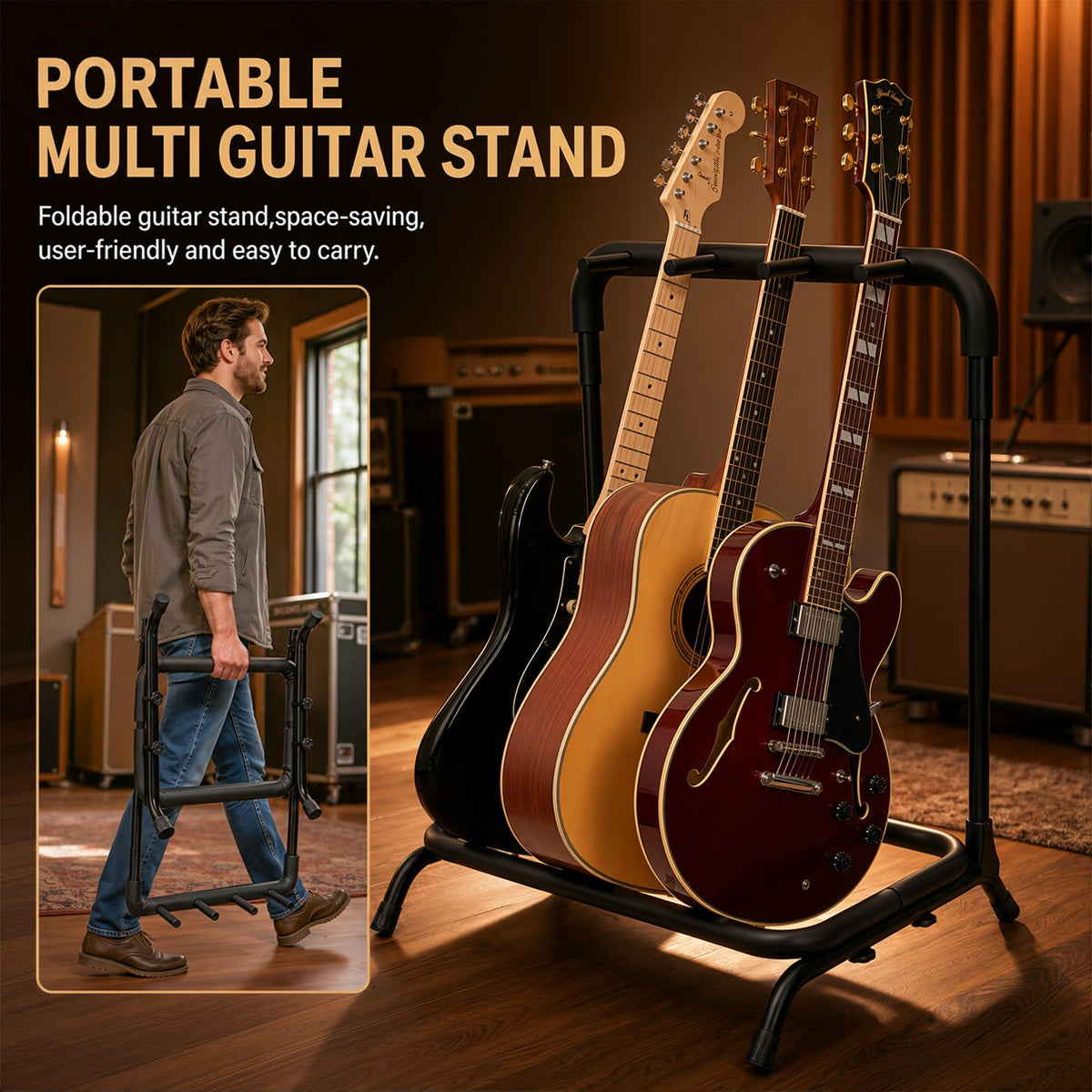 Tipatyard 3 Multi Guitar Stand Rack with 12 Guitar Picks - Foldable Multi Guitar Rack with Guitar Picks in 4 Thicknesses - Universal Guitar Holder for 5 Guitars - Ideal for Acoustic Guitar, Electric Guitar, Bass
