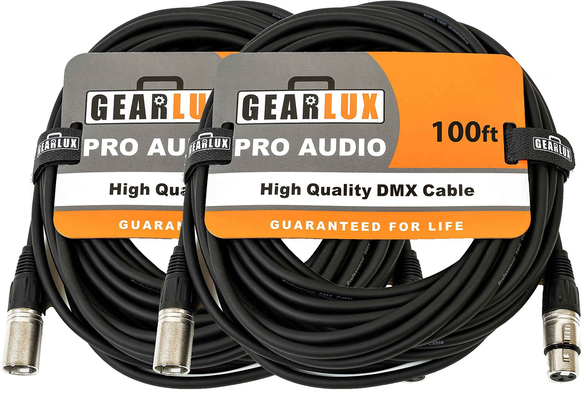 Gearlux DMX Cable, 3 Pin, Male to Female, 100 Feet - 2 Pack