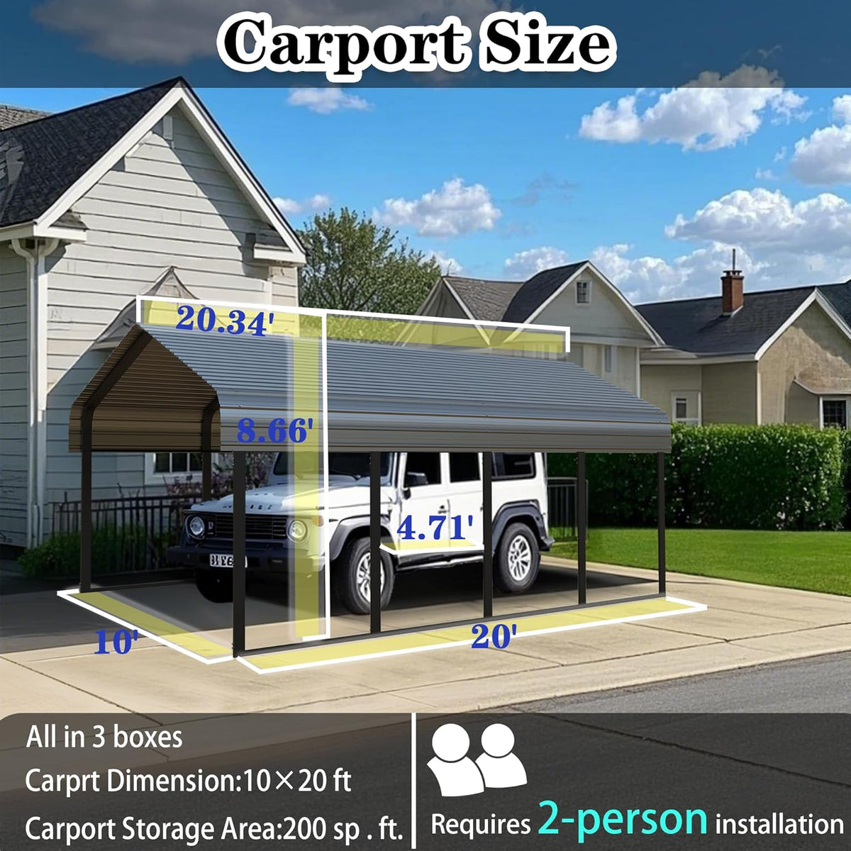 Heavy Duty Metal Carport 10x20 ft Galvanized Steel Carport Shelter for 2 Car - Extra Large Canopy for Dual Vehicle, RV & Boat Storage All Weather Protection Garage Party Tent (10 x 20 FT)