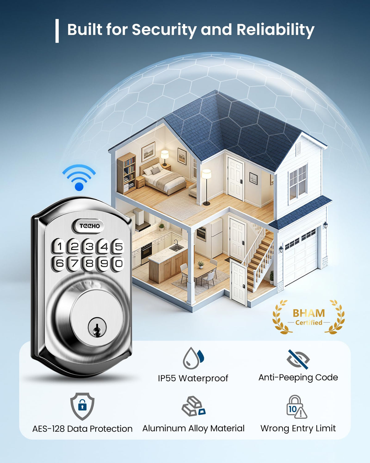 TEEHO TE011W WiFi Keypad Deadbolt, Smart Locks for Front Door, Satin Nickel