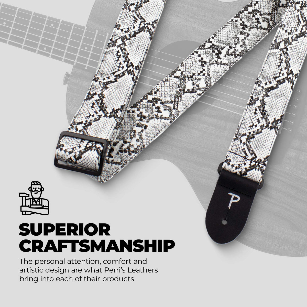 Perri’s Leathers Faux Snake Skin Guitar Straps, 39" - 58", White, Jacquard Patterned, Adjustable Length, Leather Ends, Non-Slip & Durable, Electric, Bass, Acoustic Guitar Strap