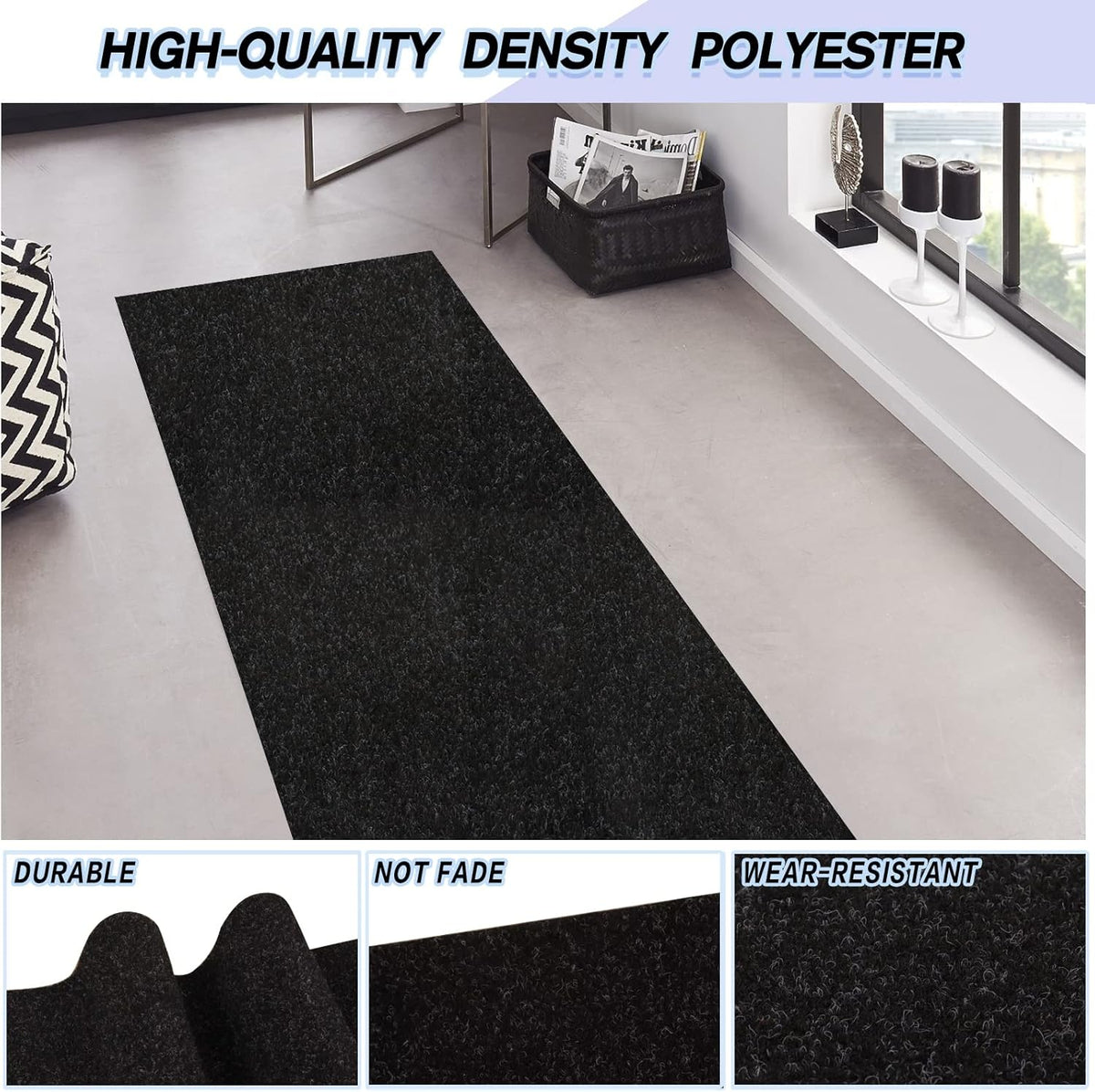 Custom Size Backed Non-Slip Area Rugs Runner, Easy Clean, Waterproof Runner Rugs for Hallway Entryway, Kitchen, Laundry, 2FT x 48FT, Black