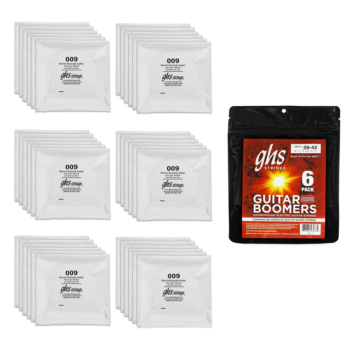 GHS Strings, GBXL Boomers, Nickel Plated Steel Electric Guitar Strings, Legendary Strength, Consistent Intonation, Long Lasting Brightness, Tone & Sustain. For 6-String Guitar, 9-42 XLT Gauge, 6 Pack