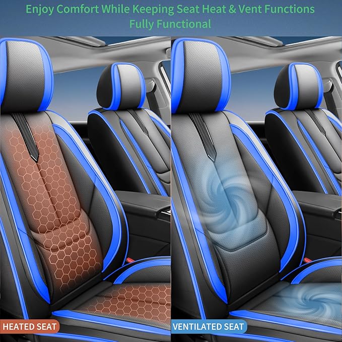 Fit Insight Car Seat Covers for Honda Insight 2010-2021 2022-Upgraded Premium Waterproof & Breathable Leather,Airbag Compatible,All-Weather Seat Cushion Protector,Full Set,Black-Blue