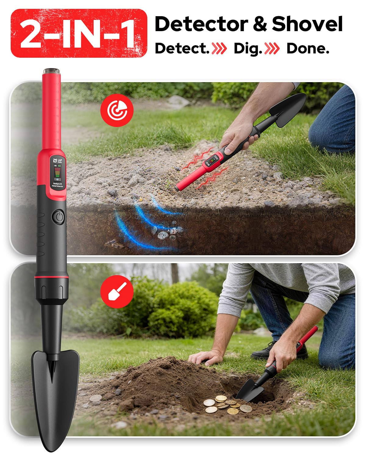 2-in-1 Metal Detector Pinpointer with Digging Shovel, LAFMATE Handheld Pin Pointer Wand with 360° Detection, IP68 Waterproof, 3 Sensitivity Levels & Dual Alert Modes, for Adults Kids Treasure Hunting