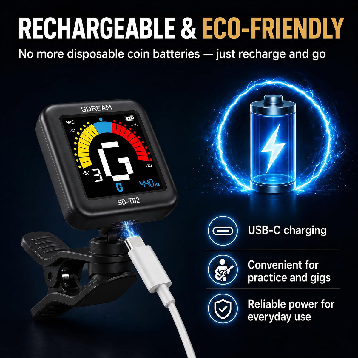 SDREAM Professional Guitar Tuner Clip On, Rechargeable Tuner with Extra Large LCD Display, Fast & Accurate Tuning for Acoustic Guitar, Electric Guitar, Bass, Ukulele & Chromatic, 360° Rotatable