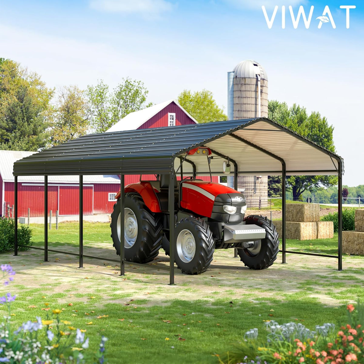 Carport 12x20 FT Metal Carport with Enhanced Base Outdoor Heavy Duty Garage Galvanized Car Shelter for Pickup, Boat, Car and Tractors