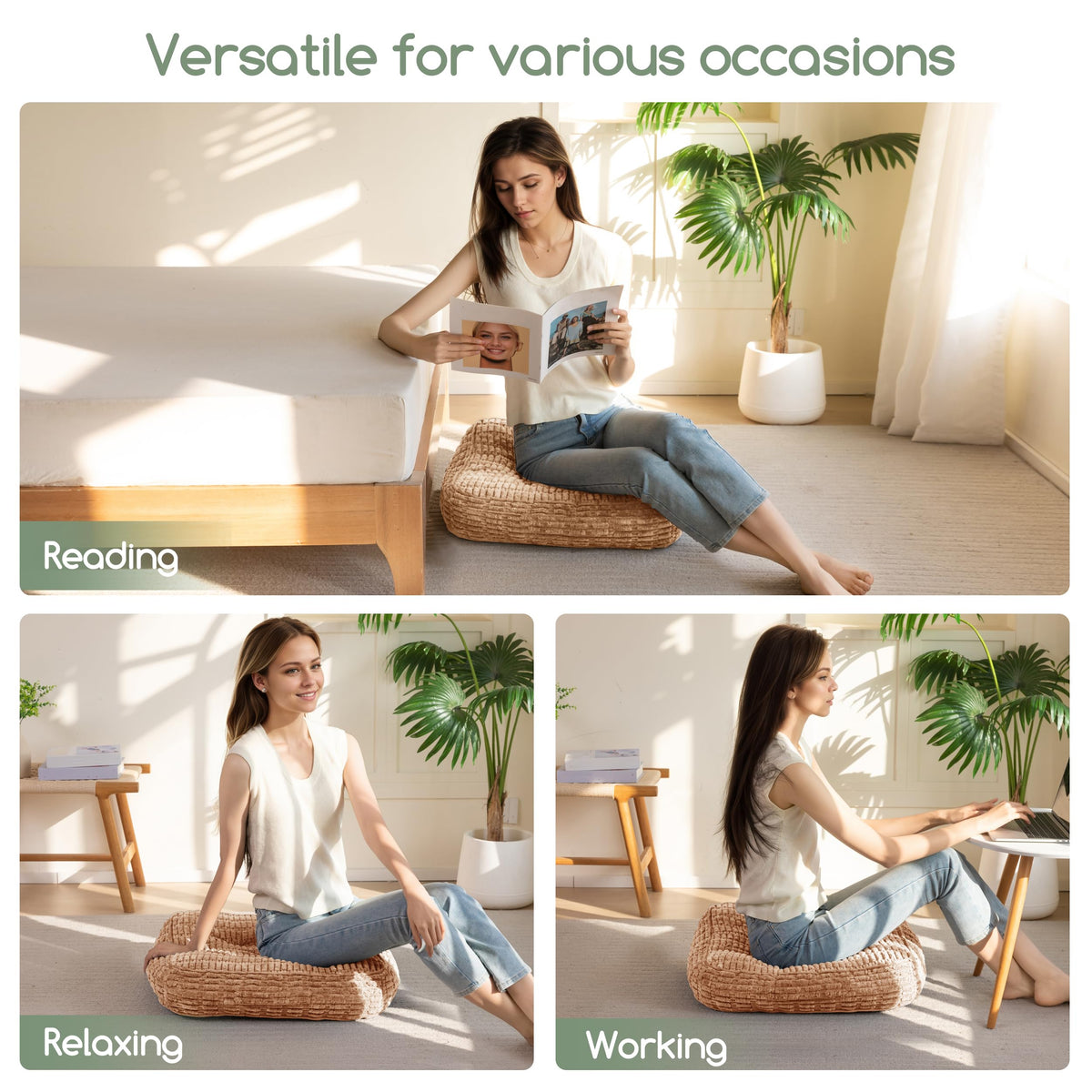 HIGOGOGO Floor Pillow Cushion for Adults, Meditation Cushion Pillow, Blended Corduroy Cover, Large Square Floor Sitting for Tatami Living Room or Yoga, 22x22 Inch, Coffee
