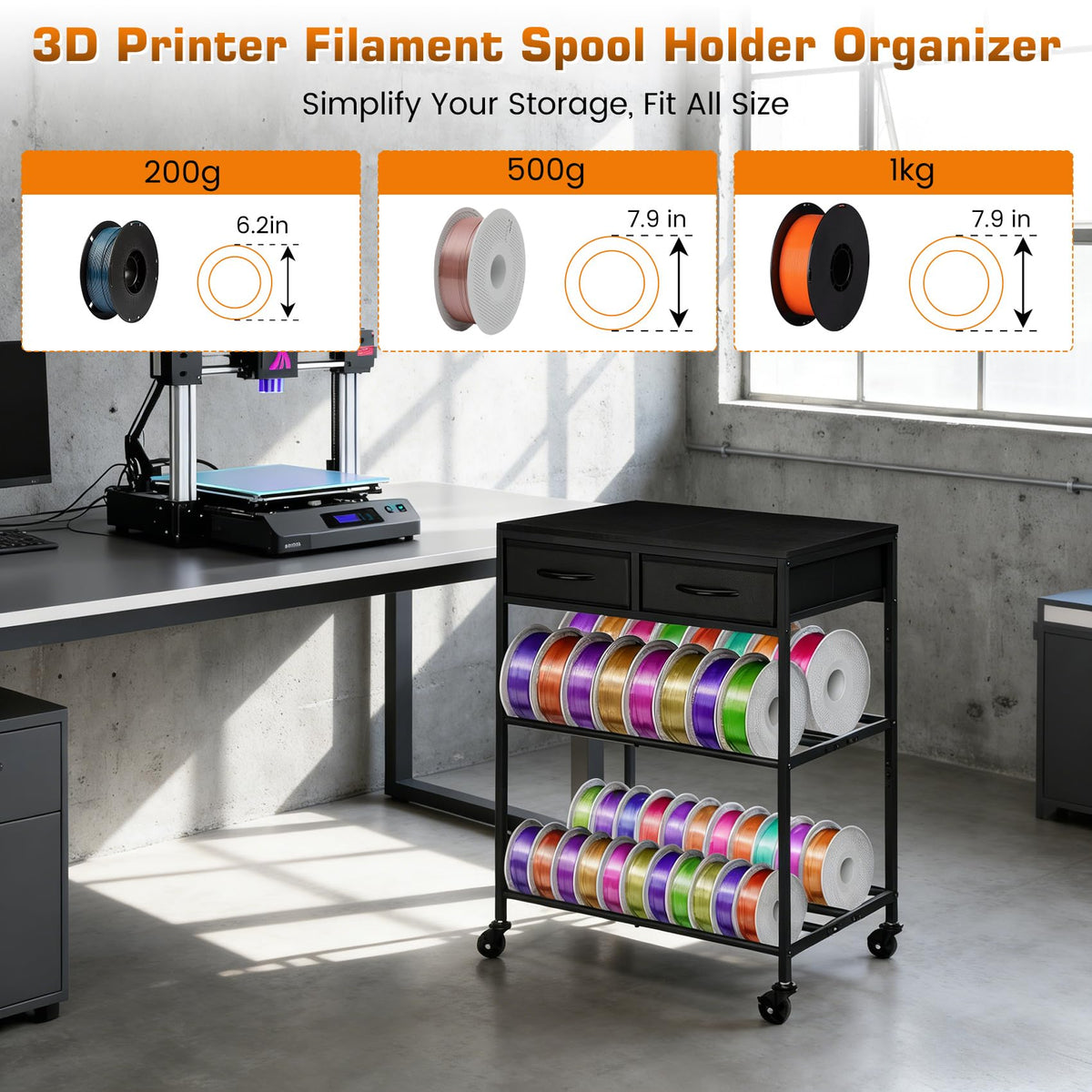 3D Printer Filament Storage Shelf with Drawers& Wheels, Black 2-Tier 3D Printer Filament Metal Stand with Storage, Adjustable Filaments Organzied Rack for Workshop Studio Office, 4 Leveling Feet