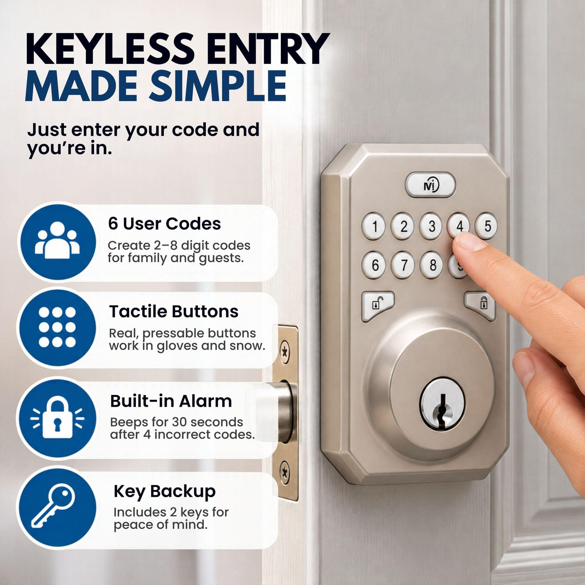 MiLocks Keyless Entry Door Lock with Keypad, Deadbolt, Satin Nickel