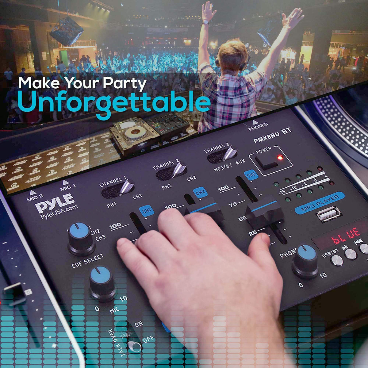 Pyle 3-Channel Professional DJ Mixer w/ Bluetooth - Dual Balanced Mic Inputs w/ Talkover, USB-A MP3 Player, Phono/Line In, CUE Monitor, Crossfader, LED Display for Mobile DJ, Karaoke, Events - PMX8BU