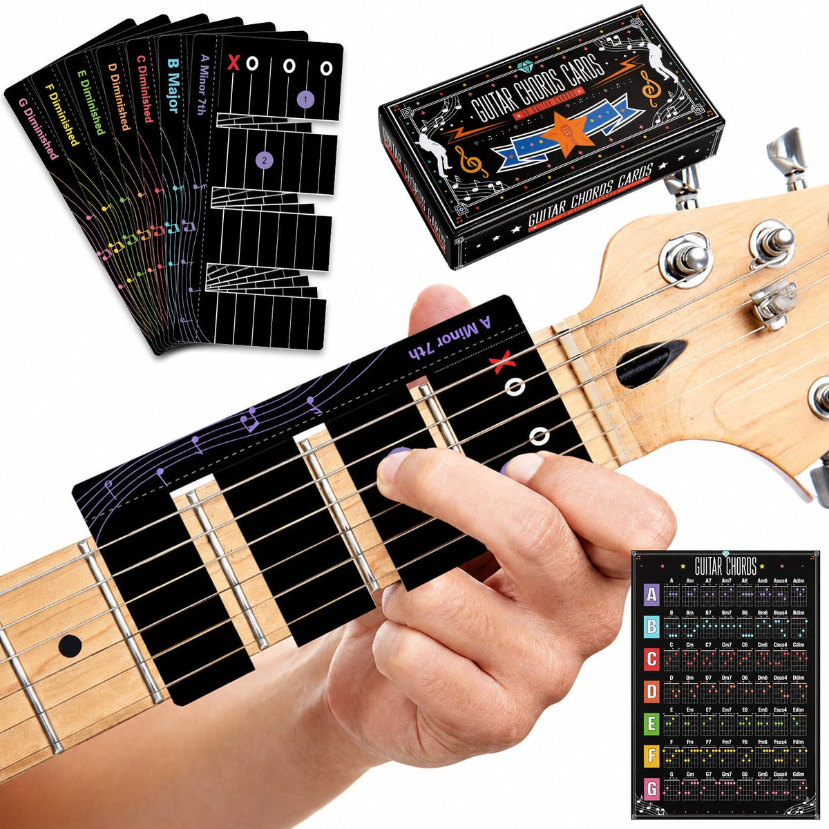 56Pcs Guitar Chord Charts Guitar Training Cards for Beginner Fretboard Learning Aid Guitars Practice Flashcard Chord Diagram Music Teaching Tool for Acoustic Electric Learner Music Lover Gift (Black)