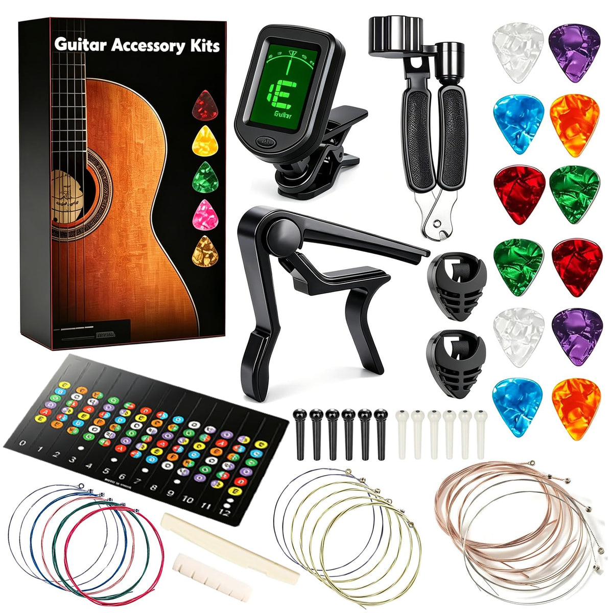 Jinlop Essential Acoustic Guitar Kit: Tuner, Capo, 18 Strings & Tools
